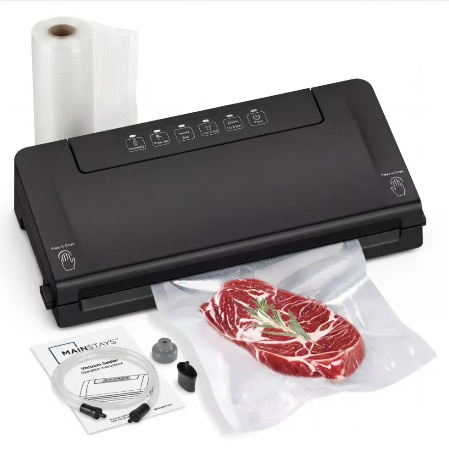 Mainstays Food Vacuum Sealer Machine, Powerful Multi-Mode Food Sealer With Built-In Bag Cutter & Storage, Accessory Port for Jars/Canisters, Includes (1) 11 in Roll, For Meal Prep & Freezer Storage