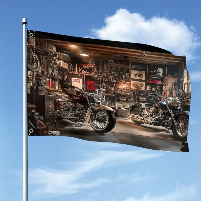 3x5 Ft Vintage Motorcycle Garage Flag, Retro Classic Chopper Biker Workshop Polyester Flag, Heavy‑Duty Fade‑Resistant Flag for Biker Man Cave, Garage, Yard & Motorcycle‑Themed Decor