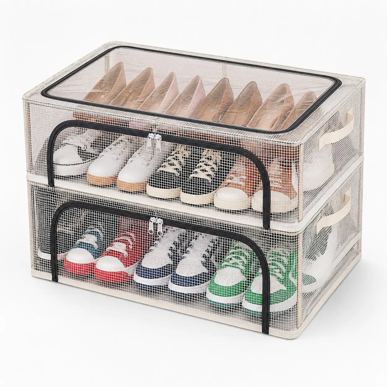 Foldable Clear Shoe Storage Box, Stackable Under Bed Shoe Organizer with Dual Zippers & Reinforced Handles, Durable Mesh Shoe Container Bin for Closet Bedroom Dorm, Space Saving Shoe Holder for Sneakers Heels