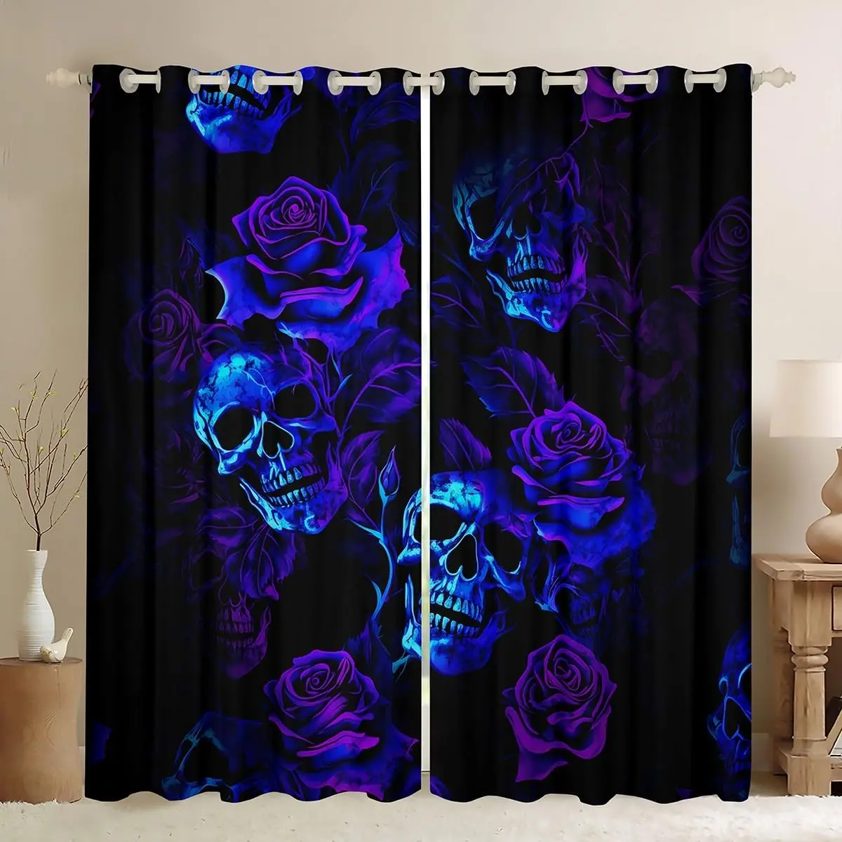 Feelyou Sugar Skull Window Drapes - Purple Blue Rose Gothic Design, Home Decoration, Home Textile, Privacy Grommet, Scary Window Treatments for Teens, 2 Panels, Home Decoration Curtain