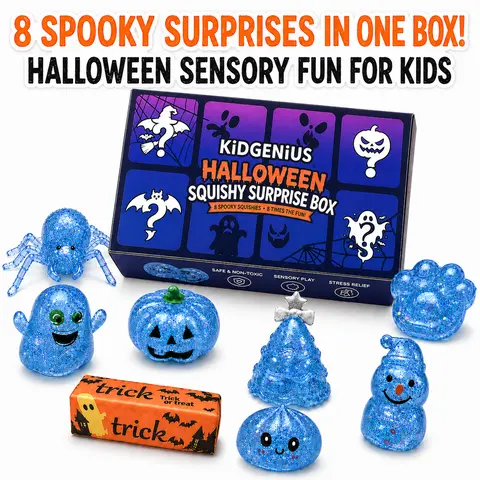KIDGENIUS 8-Pack Unisex Phthalate-Free Halloween Squishy Stress Relief Fidget Toys - Decompression Squeeze, Soft Stretchy Squeeze, Squishy Sensory Fidgets, Stress Relief Fingertoy, Slow-Rising Sparkle Touch, Pumpkin Spider Party Favors for Kids 2+