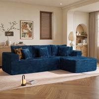 108"Blue Plush Corduroy Right Chaise