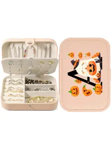 1 PC gift preparation A-Z letter design portable travel Halloween pumpkin print portable jewelry management box - suitable for dust-proof storage during travel, can store earrings, necklaces, rings, and accessories