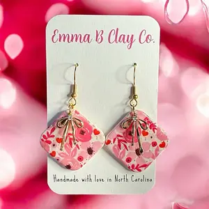 Emma B Clay Co. Valentine Bow Dangles Handmade with Love in North Carolina Pink Floral Earrings