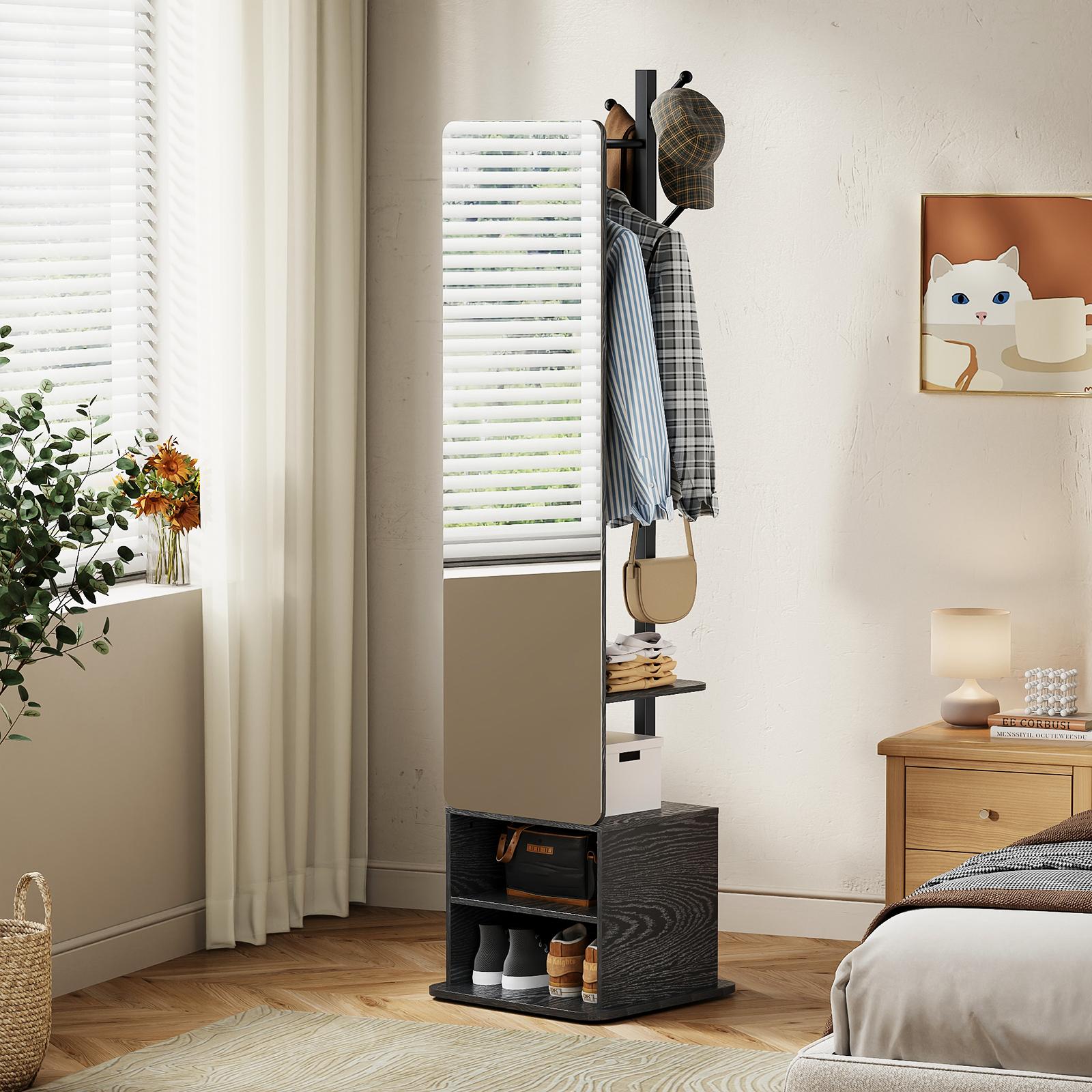 Flycity Solid wood material large mirror with a closet, full-size mirror, full-length mirror with storage rack at the bedside or in the living room (black and white styles can be rotated) Organization Furniture