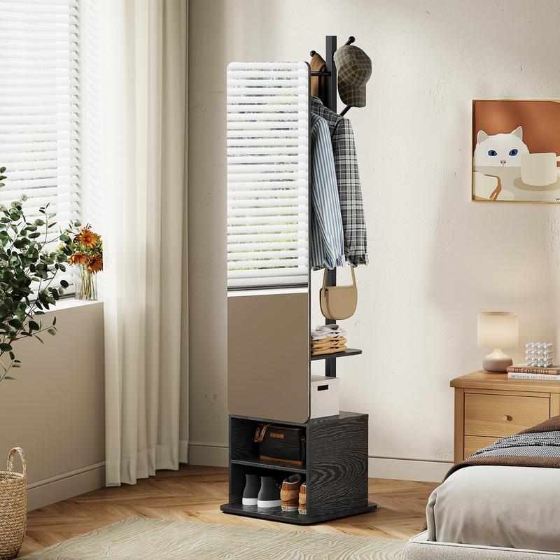 Flycity Solid wood material large mirror with a closet, full-size mirror, full-length mirror with storage rack at the bedside or in the living room (black and white styles can be rotated) Organization Furniture