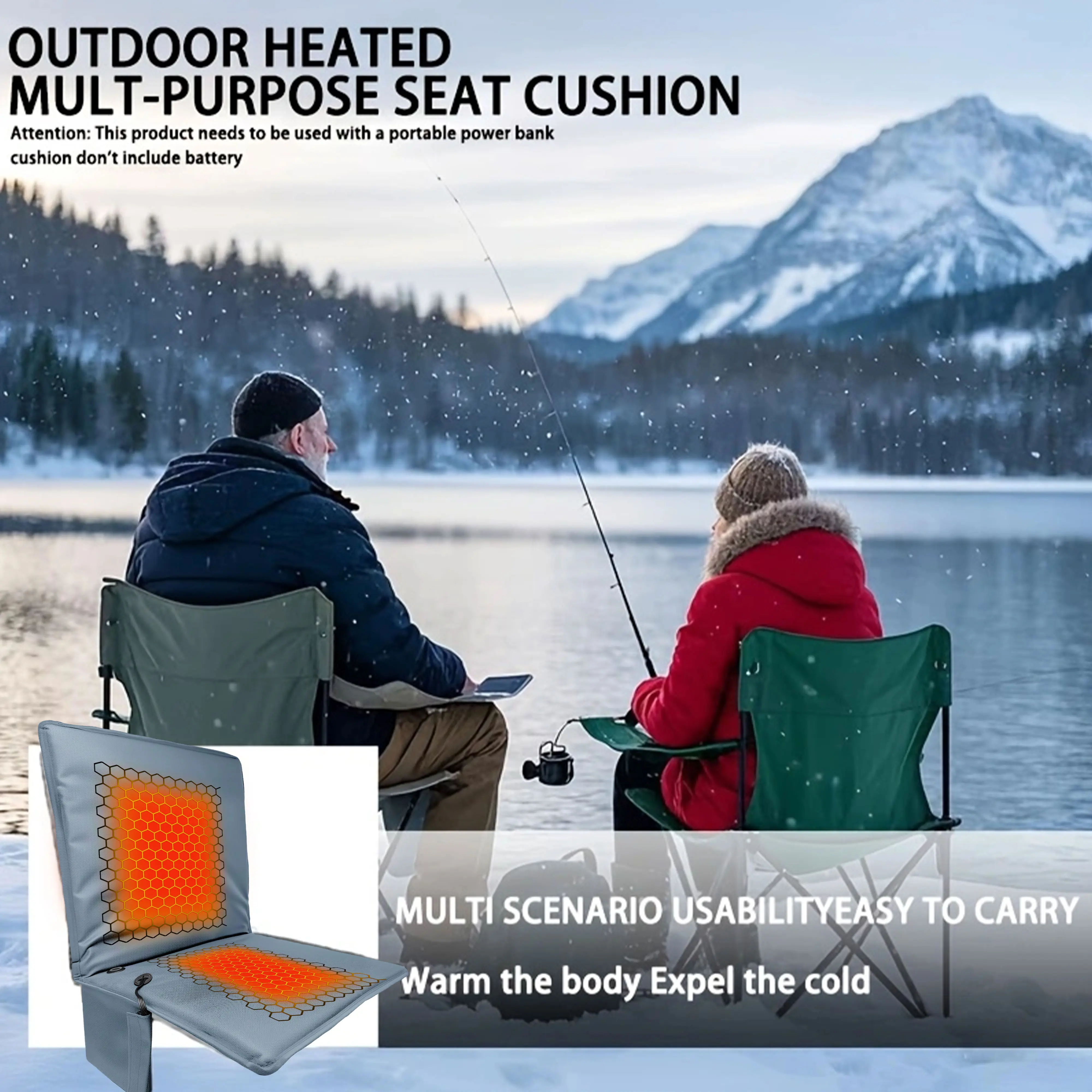 Heatable Portable Warm Seat Cushion with Backrest Heating - 3-Level Adjustable Temperature, 5V 3A USB Charging, Power-Off Protection, Slim Polyester Design, Up to 8 Hours Use - Ideal for Fishing, Stylish Gift (Power Bank Not Included)