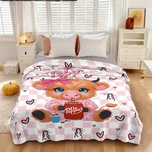 1 piece highland cow Dr Pepper soda, love bow print flannel blanket, Soft Comfy Blanket, skin-friendly, soft, machine washable, suitable for office and home, suitable for all seasons, sofa blanket, Valentine's Day gift