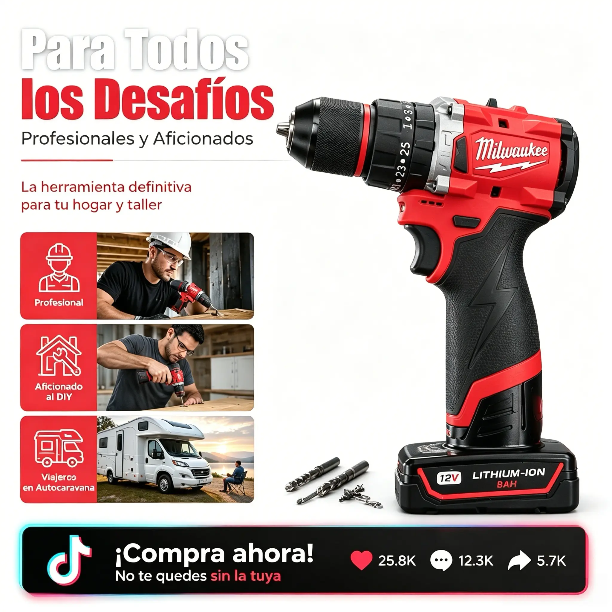 Milwaukee 18V Brushless Cordless Drill Driver Impact Drill 20+3 Torque 13mm Keyless Chuck Li-ion Battery Electric Screwdriver