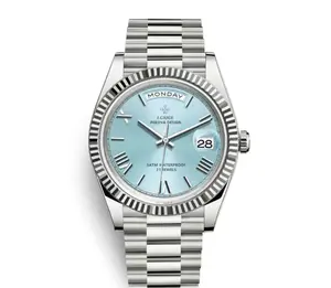 Unisex Luxury Mechanical Watch - Silver Turquoise Dial Day-Date Fluted Bezel Premium Mechanical Watch