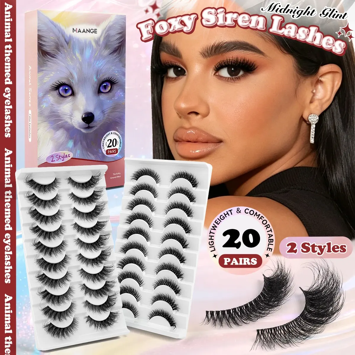 MAANGE 20 Pairs Foxy Siren False Lashes, D Curl Almond Sultry Style, Lightweight & Comfortable, 2 Styles Mixed, Winged Cat Eye Effect for Seductive Makeup, Reusable Faux Mink Lashes Eyelashes