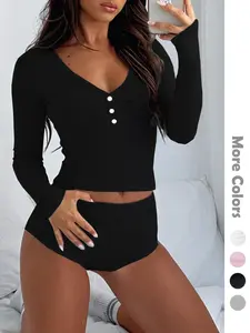 2 Counts Women's Button Detail V Neck Top & Ribbed Shorts PJ Set, Solid Long Sleeve Top & Shorts Pajama Set, Loungewear, Summer Outfits 2024, Women's Sleepwear for Spring & Fall