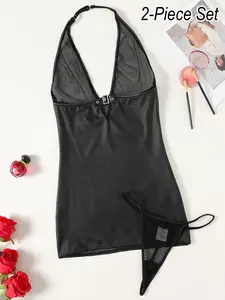 Gothic Sexy Sleepwear Set, PU Leather Contrast Lace Halter Backless Short Dress, Thong Included, All Seasons Slim Fit