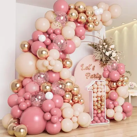 Sohochic Home & Festive 109pcs Bohemian Balloon Decorations Kit - Retro Blush Pink Latex, Gold Metallic Accents, Confetti Mix, First Birthday Party Decorations, All Seasons Supplies