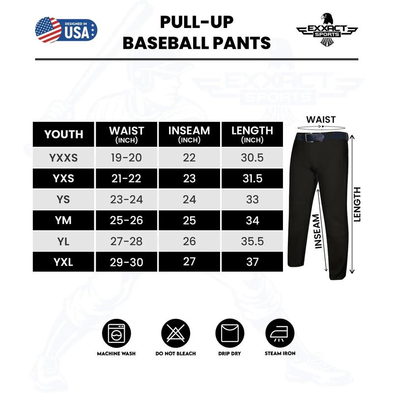 Exxact Sports Pull-Up Youth Baseball Pants with Adjustable Drawstring, Full-Length, No-Fly, Open Bottom Boys Baseball Pants (Black)