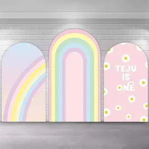 Pastel Rainbow Daisy First Birthday Arch Covers Stretchy Backdrop, Boho Groovy Colorful Design, Perfect for Girls 1st Birthday Party Baby Shower Photo Backdrop