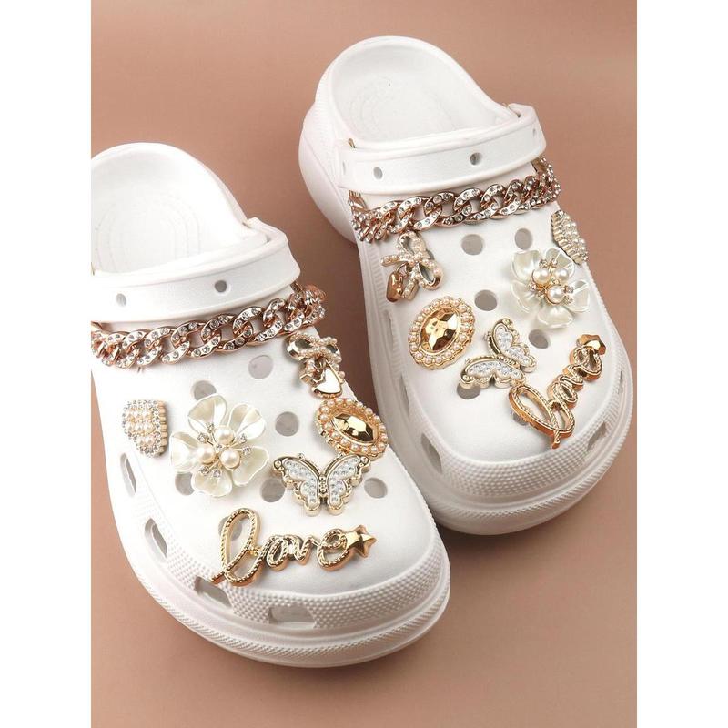 14pcs Fashionable Rhinestone & Letter Decorated Shoes Decorations, Chain & Bowknot Design Shoes Charm Rhinestone Shoes Charms For Vented Clogs Decoration