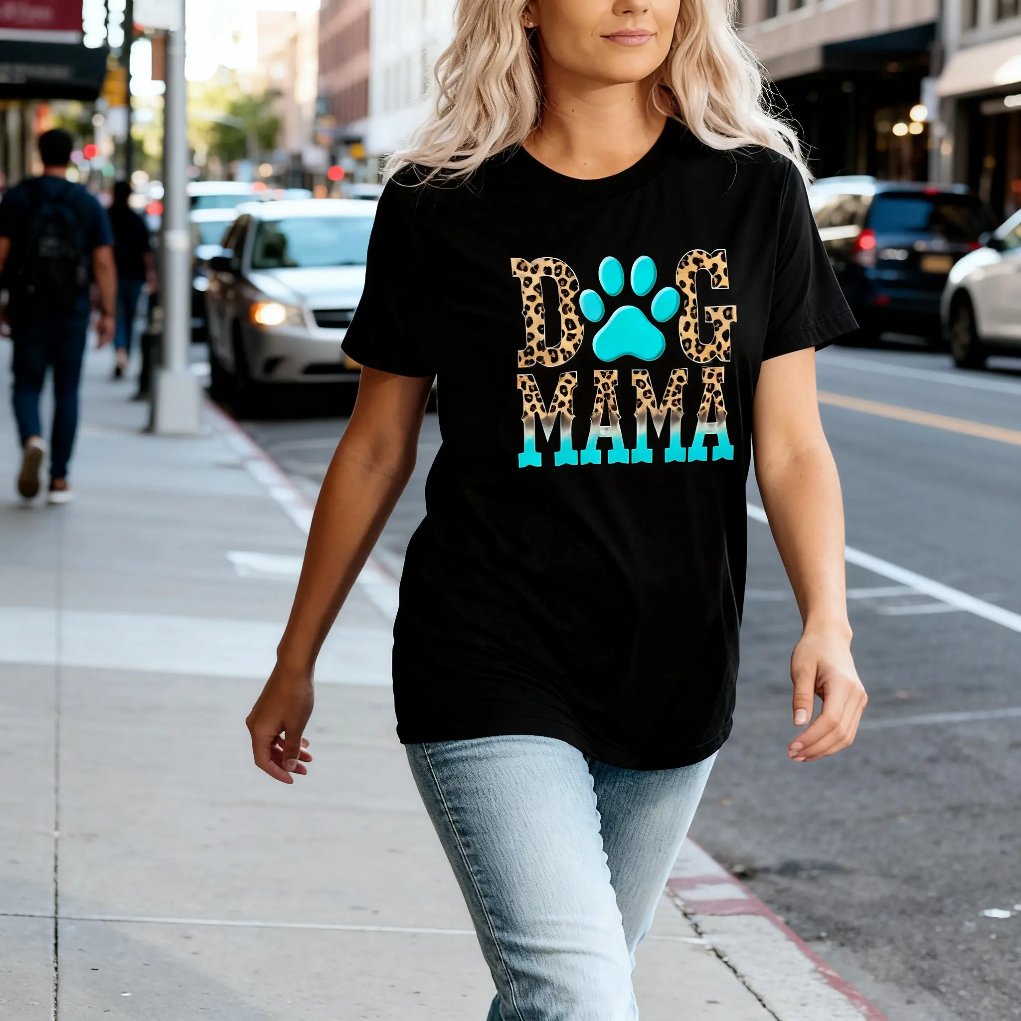 Women Dog Mama Leopard Turquoise Paw Print Pet Lover Graphic T-Shirt street t-shirt retro unisex casual wear summer workout classic fit