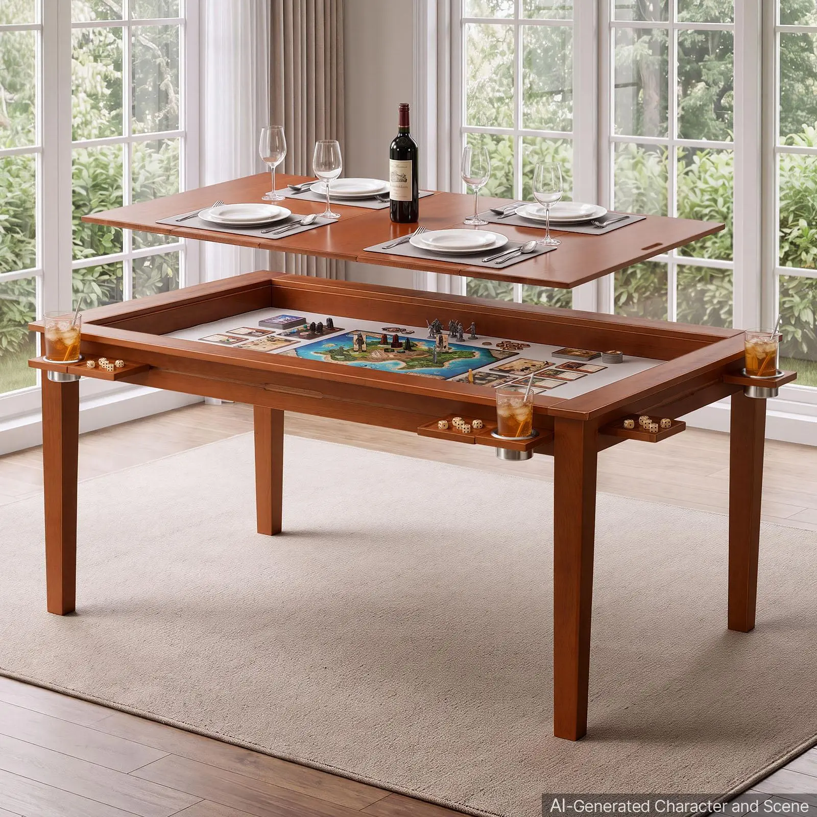 VEVOR Board Game Table 2-in-1 Gaming and Dining Table 63 x 39.4 x 30 in, Roomy for 6 Players, with Removable Tabletop, Leather Gaming Mat, 6 Cup Holders & Sliding Trays, 440LBS Solid Wood Support