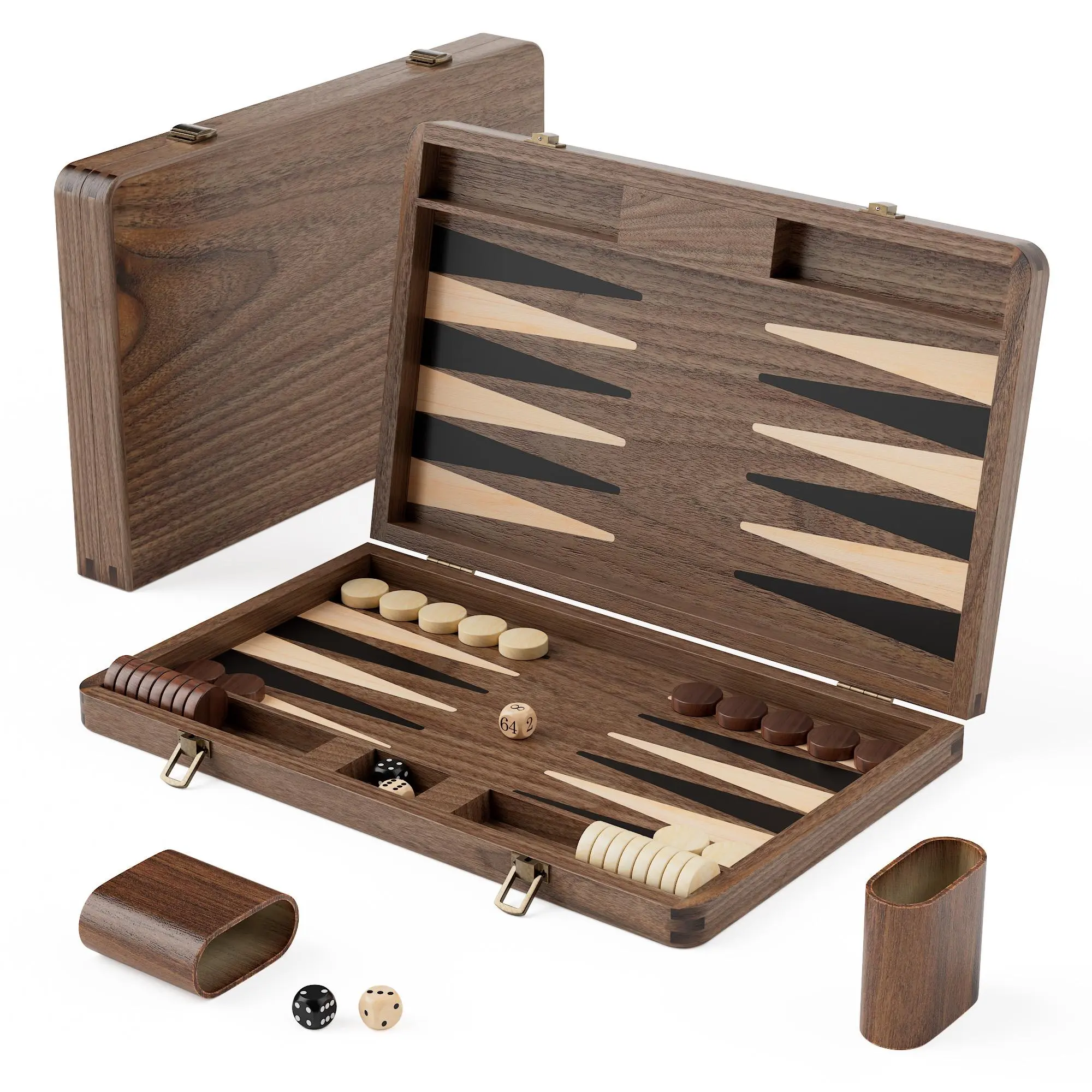 Luxury Walnut Backgammon Set Wood Board with Travel Case, Doubling Cube & Storage