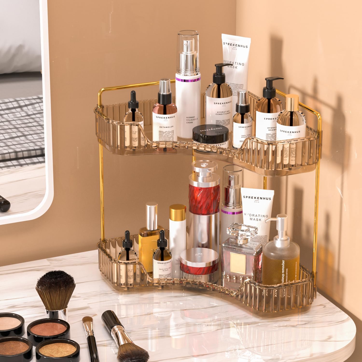 2-Tier Corner Bathroom Organizer with Perfume Tray – Space Saving Vanity Storage Rack for Makeup, Skincare & Countertop (Amber)