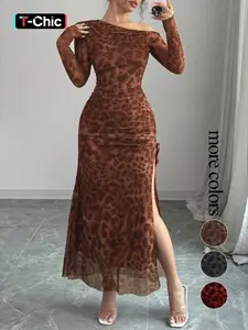 Women's party, Valentine's Day, ball, French elegance, pleated mesh leopard print asymmetrical neckline high slit dress; New Year's Eve, Christmas Eve, sexy casual date, carnival, autumn/winter women's wear, Thanksgiving women's wear, Formal Elegant Dress