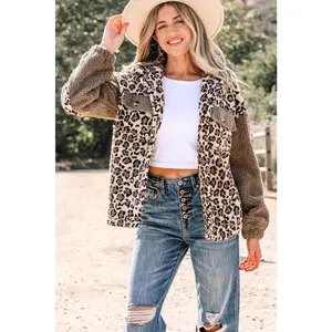 Brown Sherpa Leopard Print Flap Pocket Collared Button Up Jacket