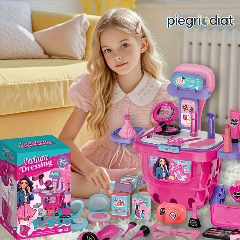 Kids Pretend Cosmetic Play Set - 2-in-1 Fashion Dressing Shopping Cart Vanity Table Toy, 36Pcs Beauty Salon Kit for Toddler Girls 3+ with Hair Dryer, Camera, Headband, Nail Polish, Makeup Brushes, Fashion Glasses Birthday Gift