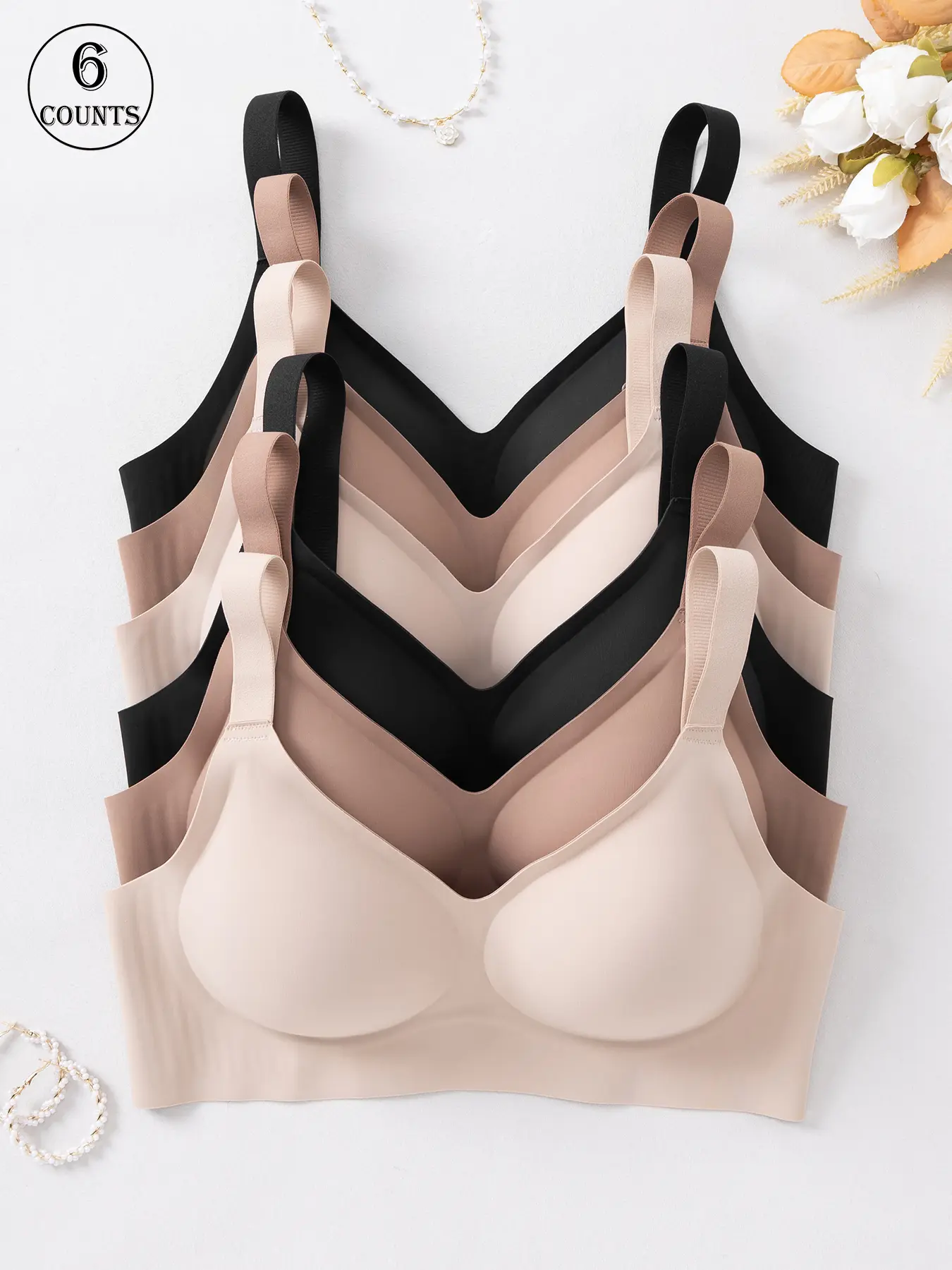 6-Pack Seamless Comfy Bras with Adjustable Shoulder Straps, Hook-and-Eye Closure, Wire-Free Design for a Gathered, Lifting Effect, Comfortable, Breathable & Skin-Friendly Soft Fabric for Daily Casual Wear, Jelly-Style Bra Set, Underwear