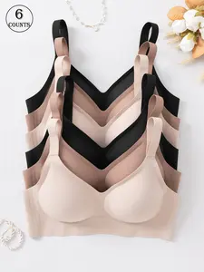 6 pack seamless bras with adjustable shoulder straps and hook-and-eye closure, no underwire support for a gathered look, comfortable and breathable, skin-friendly soft for daily casual wear, seamless jelly sexy lifting underwear, Seamless Soft Wirefree
