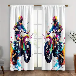 2 Piece Motorcycle Print Bedroom Blackout Curtains, 100% Polyester, Graffiti Design, Modern Style, Kitchen and Living Room Decor