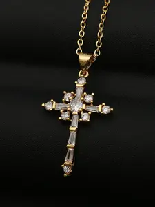 Elegant Zircon Inlaid Compass Cross Pendant Necklace, Unisex Alloy Chain, Perfect Gift for Birthdays, Anniversaries, Valentine's Day
