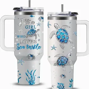 Sea Turtle Tumbler Gift for Women and Men - 40oz Tumbler with Straw & Handle, Stainless Steel Insulated Vacuum, Water Bottle with Turtle & Marine Life Design, Best Gift for Birthday and Christmas