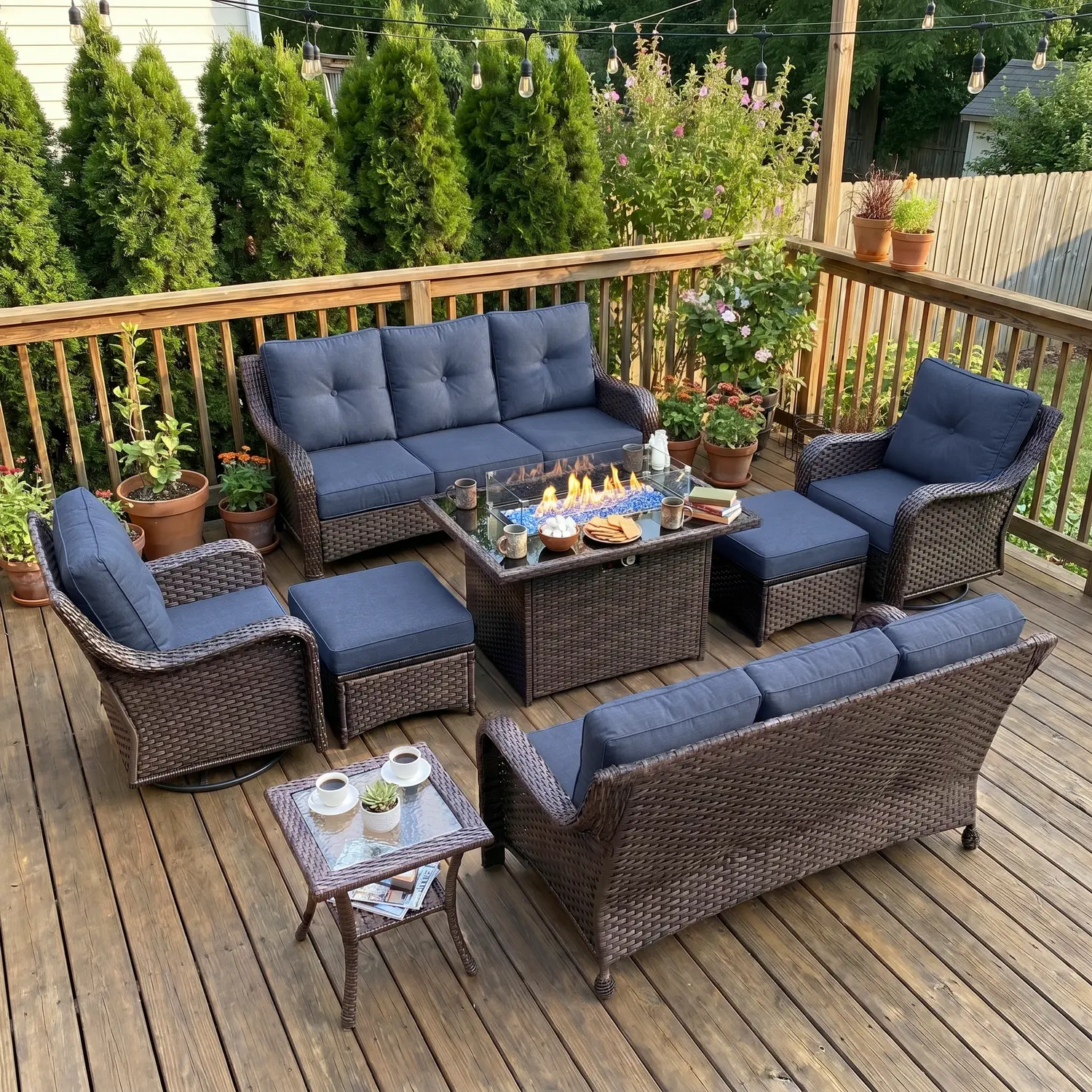 LayinSun 7-Piece Wicker Outdoor Furniture Set with 6-inch Comfy Cushions, High Back Patio Furniture Set with Swivel Rocking Chairs and Fire Pit Table, Multiple Packages summervibes