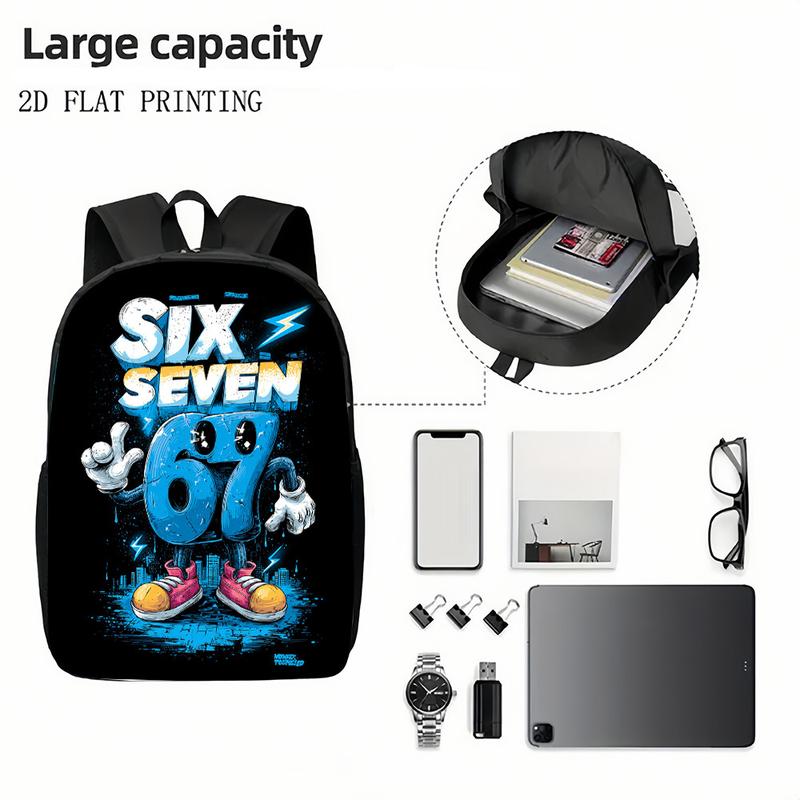 1pc Six Seven Number Mascot Backpack| Colorful Design with Lightning and Cityscape, Vibrant Casual Style, Large Size, Suitable for Valentine'S Day and Back-to-School Gifts, Zipper Closure, Adjustable Strap, For Teenager