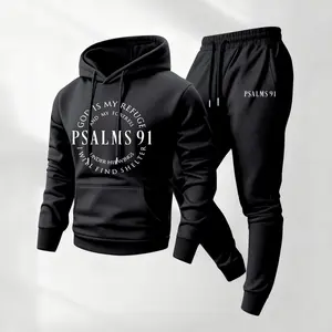 Men's 2-Piece Minimalist Christian Print Soft Polyester Long-Sleeve Hoodie & Loose-Fitting Sweatpants Set - Casual Athletic Hooded Jacket & Trousers for Fall Winter Daily Wear, Mensfashion Athleisure Sportswear
