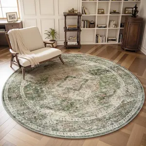 Vintage Round Area Rug Washable Sage Green Circle Rug for Bedroom, Low-Pile Soft Round Carpet for Living Room, Ideal for High Traffic Areas in Entryway