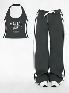 Women's Casual Sportswear Set, Halter Vest and Long Pants Two-Piece, Beach Ocean Style, Turtle Print, Spring Summer Wear, Sweatsuit Sets, Sporty Style Outfits, Summer Activewear