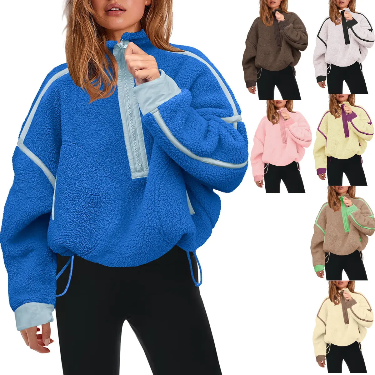 Yeokou Women's Loose Polyester Teddy Fluffy Sherpa Fleece Pullover - Soft Long-Sleeve Half-Zip Tops with Pockets