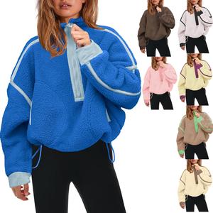 Yeokou Lady's Casual Style Long Sleeve Half-Zip Polyester Sherpa Fleece Pullover Hoodie, Basic Loose Oversized Sweatshirt with Pockets, Warm Fluffy Teddy Top