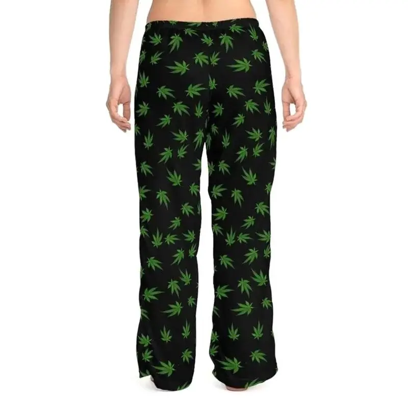 Cannabis Leaf Pajama Pants, Unisex Wide Leg Sleep Pants, Cozy All Season Lounge Bottoms, Green Leaf Print PJs