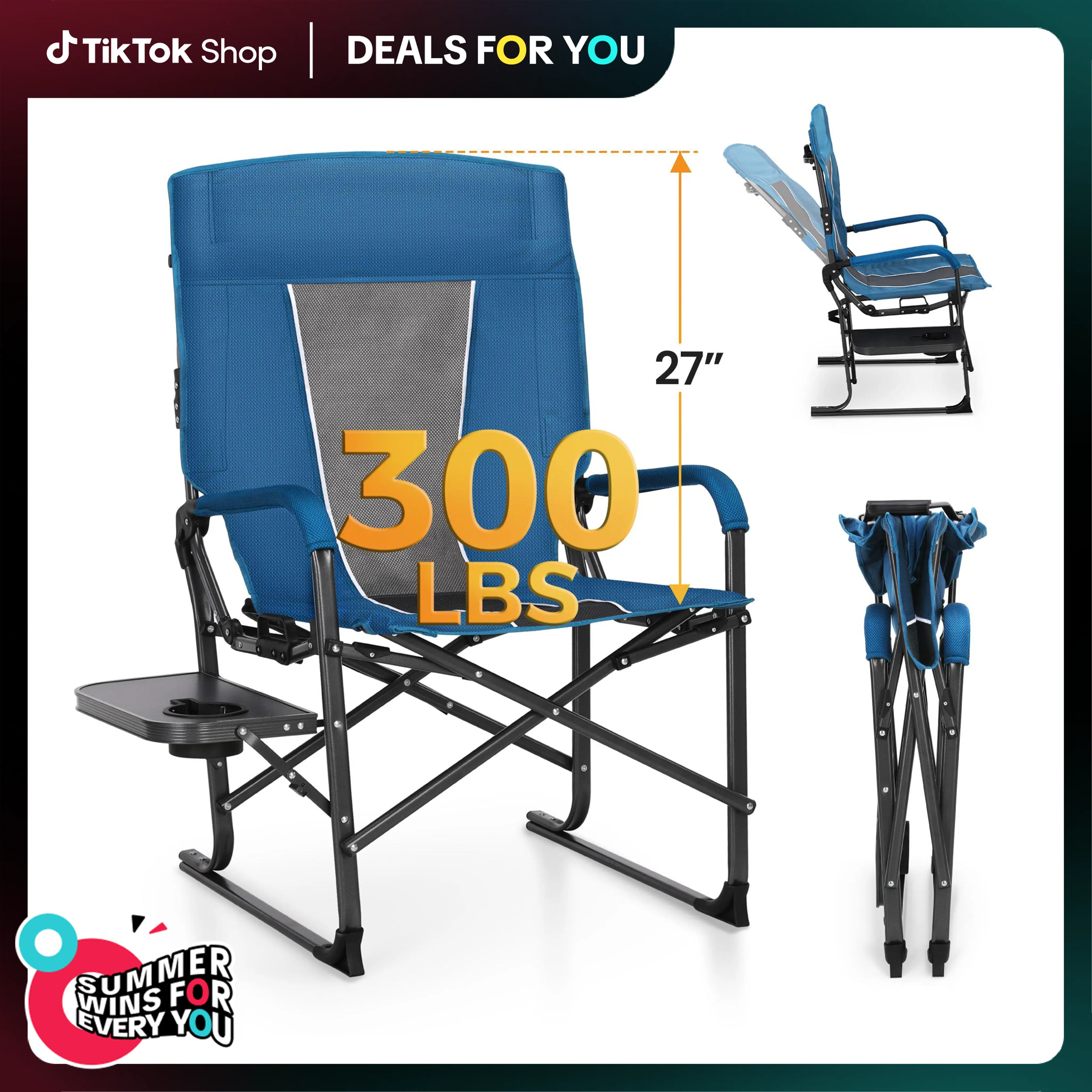 PHIVILLA Home 27” High Back Adjustable Camping Chair, 2-Position Reclining Folding Director Chair Supports 300lbs, Heavy Duty Lawn Chair with Side Shelf