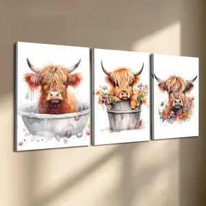 3 Pcs/Set Wooden-Framed Canvas Painting, Cute Highland Cow Watercolor Triptych Canvas Wall Art, Whimsical Animal Print for Living Room, Bedroom, Office Decoration, Modern Home Decor, Fashion Artistic Ornaments, Artwork