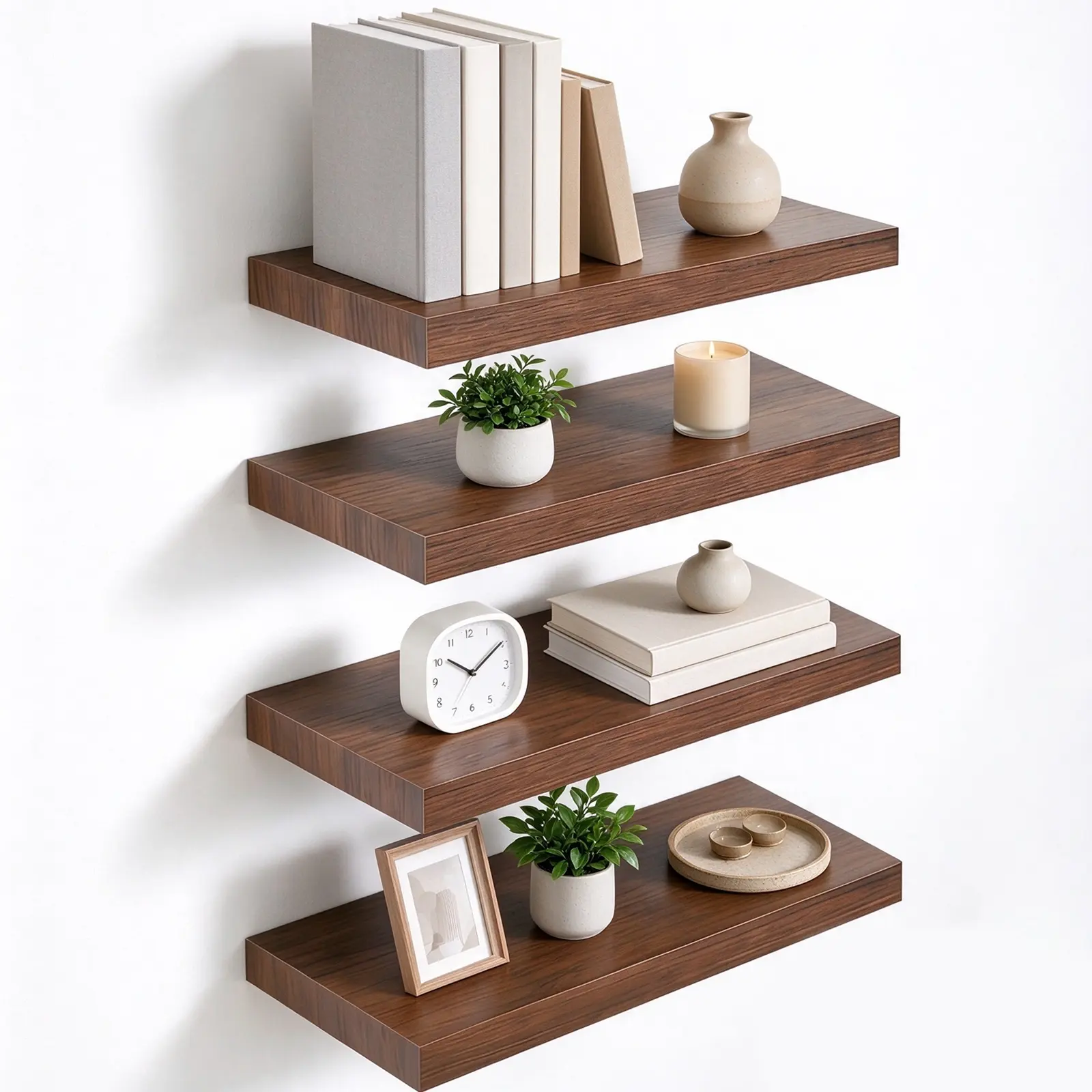 4 Pack Modern Wall Mounted Floating Shelves, Hanging Shelf with Invisible Brackets, Heavy 22 LBS Load, Wood Shelves for Home Decor and Storage Solutions Brown