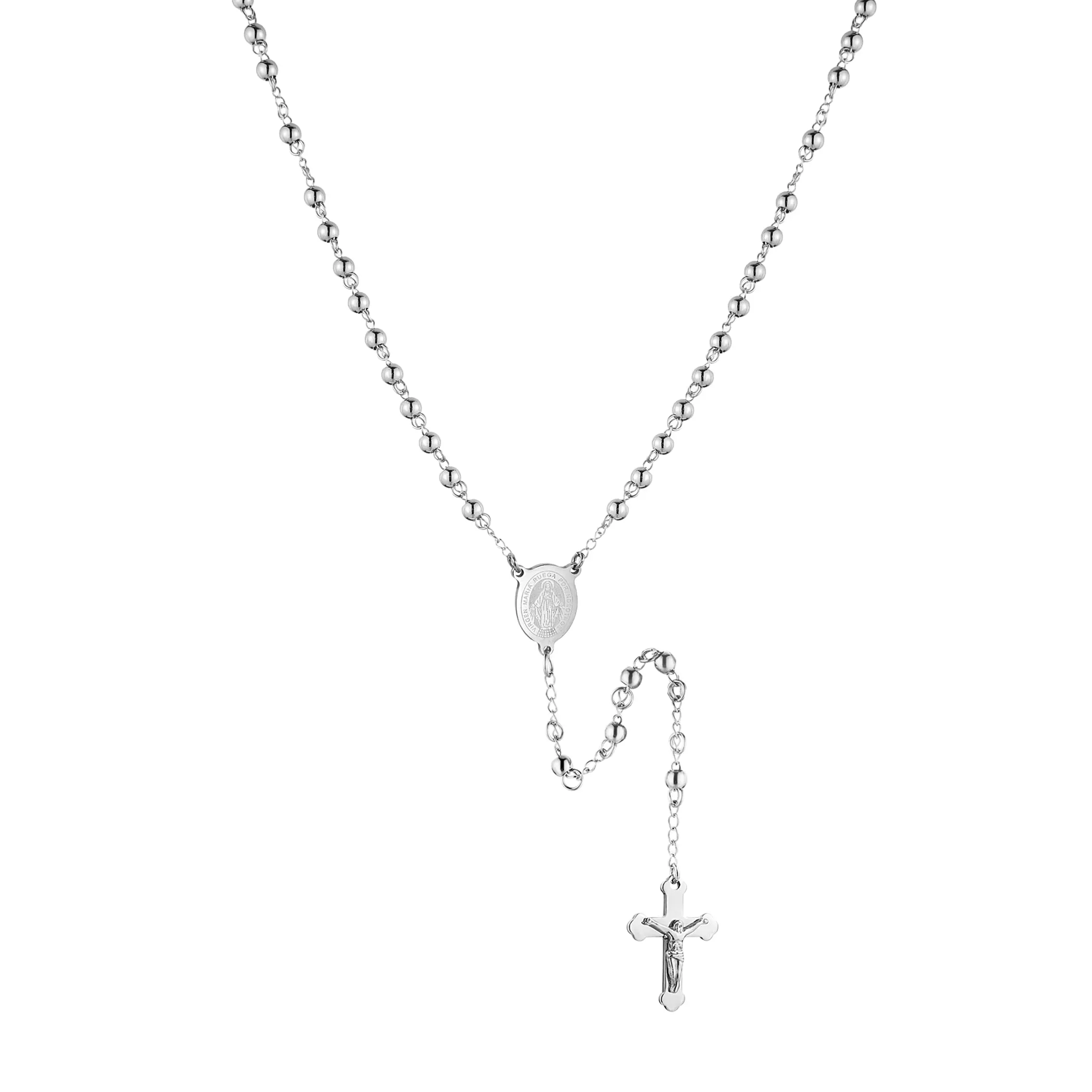 HZMAN Silver Rosary Beads Cross Necklace for Women Stainless Steel Heavy Crucifix Virgin Mary Y Shape Necklaces Jewelry Pendants