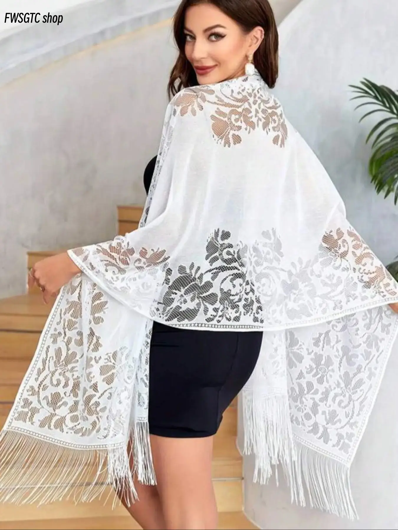 Elegant floral lace shawl with chic boho design, soft and delicate in texture. This stylish multifunctional scarf pairs perfectly with evening dresses, being a graceful accessory ideal for all kinds of special occasions.