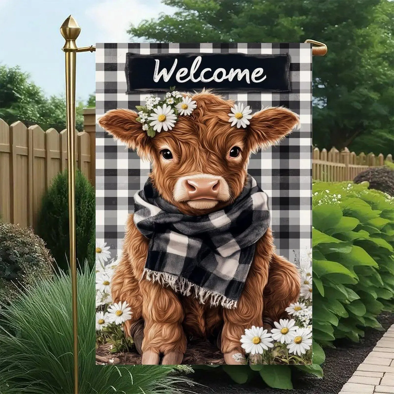 Black White Buffalo Plaid Scarf Highland Cow Daisy Welcome Farmhouse Country Garden Flag Double-Sided 12x18in, Rustic Cow Lover Front Porch Yard Decor Banner