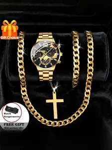 Men's Fashion Watch Set, Elegant Jewelry Set, Quartz Movement, Includes Necklace & Bracelet, Perfect Gift for Valentine's Day, Birthday, Christmas