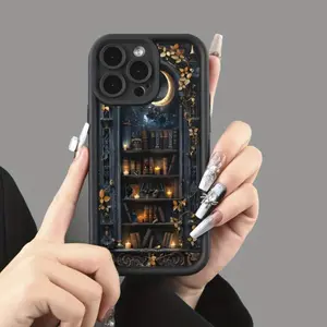 Creative and fashionable moon bookshelf pattern Case for iPhone 16 15 14 Pro Max 13 12 11 XR XS Plus Shockproof Drop Protection Rugged Durable Silicone Cover