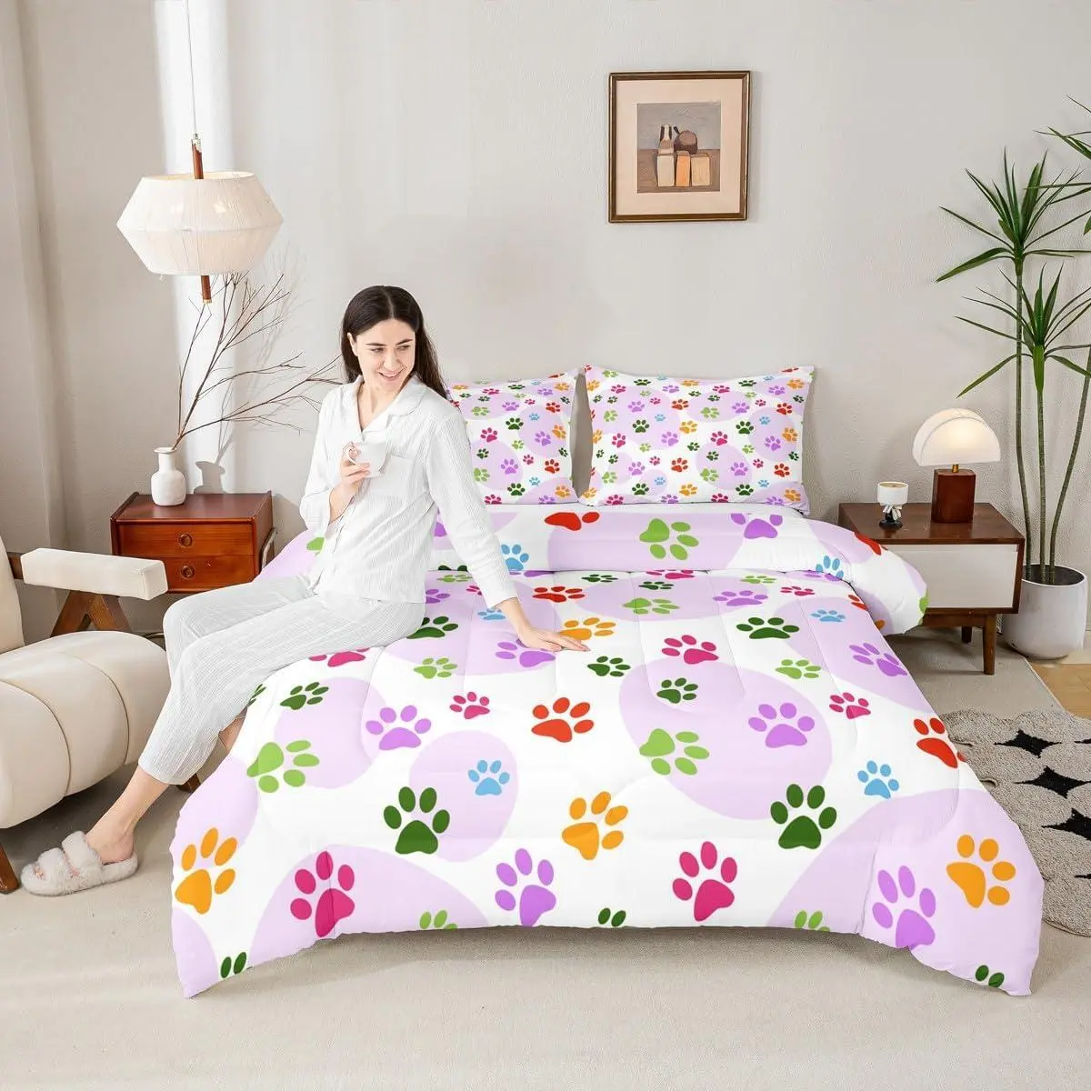 Colorful Paws Comforter Set,Colorful Footprints Bedding Set for Kids Girls Women,Adults Dog Paws Comforter,Lovely Animals Quilted Duvet Set,Bedroom Collection